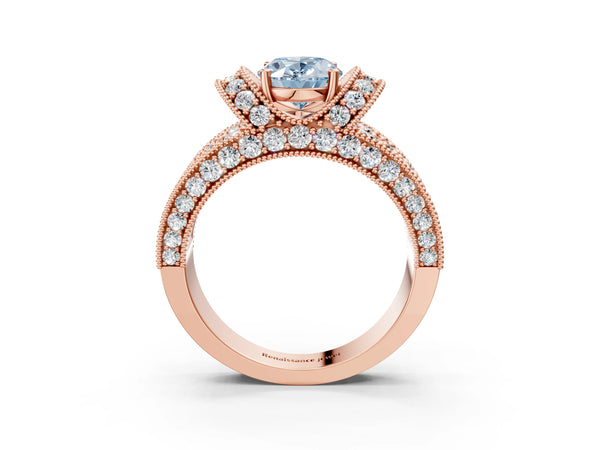 Rose gold Fancy Blue Oval  Halo Pave Diamond Engagement Ring with Milgrain Detailing