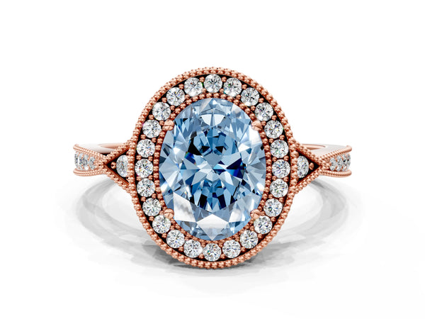 Rose gold Fancy Blue Oval  Halo Round Diamond Milgrain Pave Engagement Ring