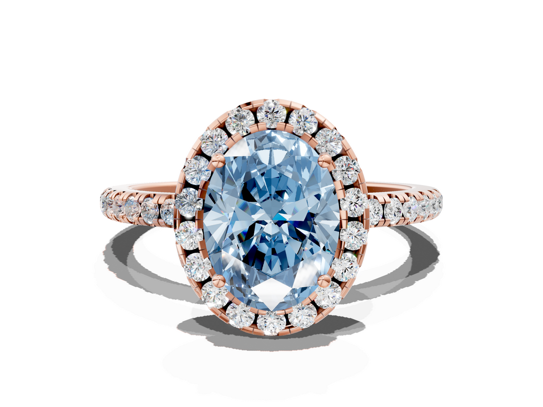 Rose gold Fancy Blue Oval  Halo Round Diamond Pavé Band Four-Prong Ring_3