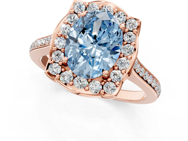 Rose gold Fancy Blue Oval  Halo Round Diamond Pave Band with Four-Prong Setting