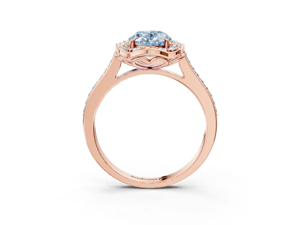 Rose gold Fancy Blue Oval  Halo Round Diamond Pave Band with Four-Prong Setting