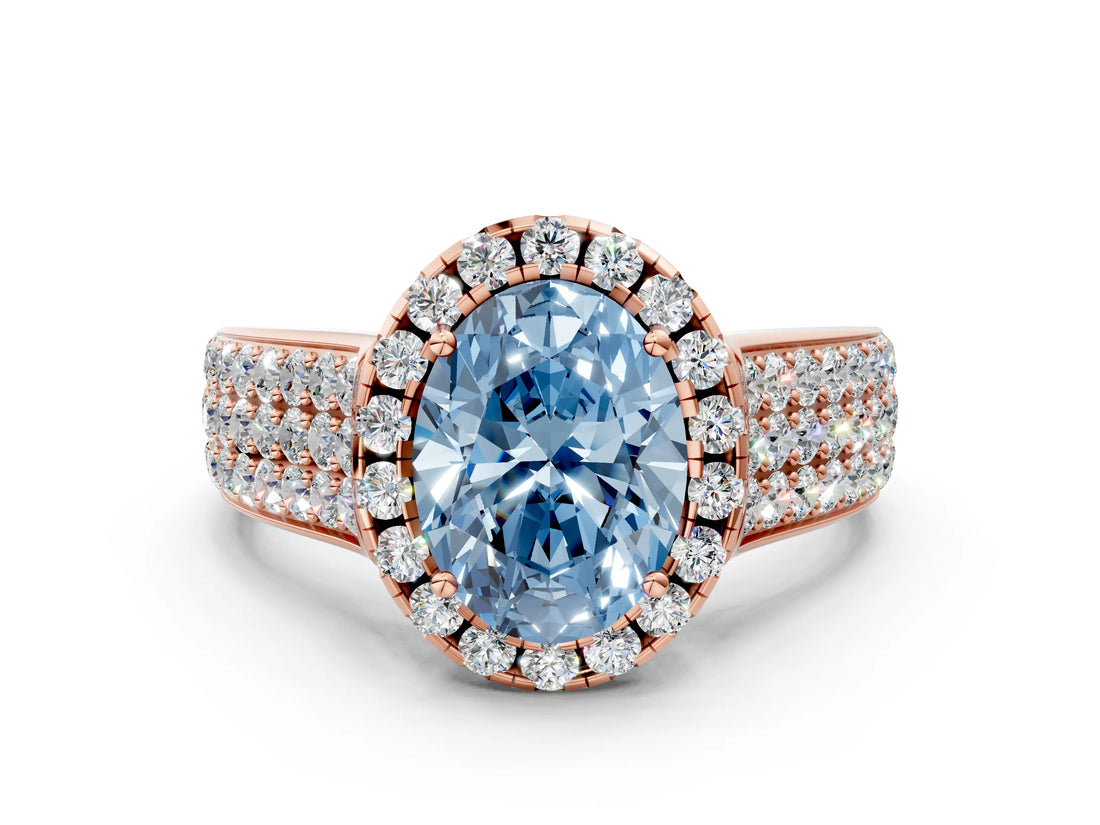 Rose gold Fancy Blue Oval  Halo Round Diamond Pave Band with Prong Setting_12