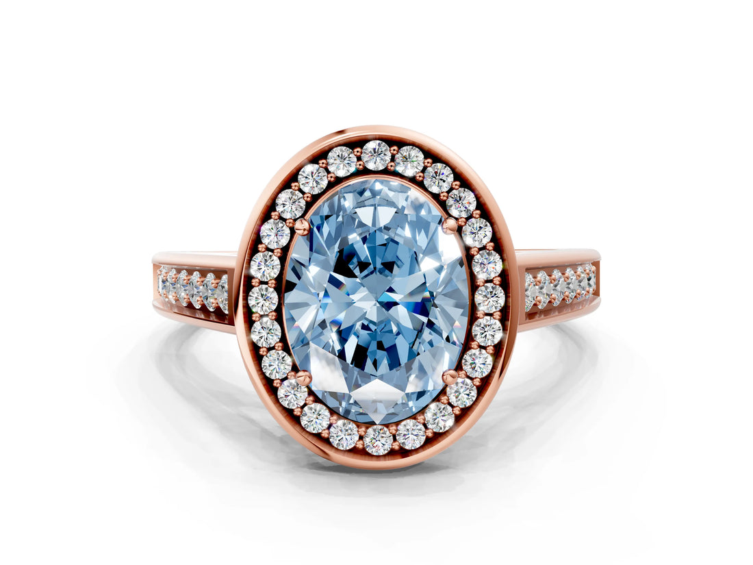 Rose gold Fancy Blue Oval  Halo Solitaire Diamond Ring with Pave Band and Bezel Setting_49