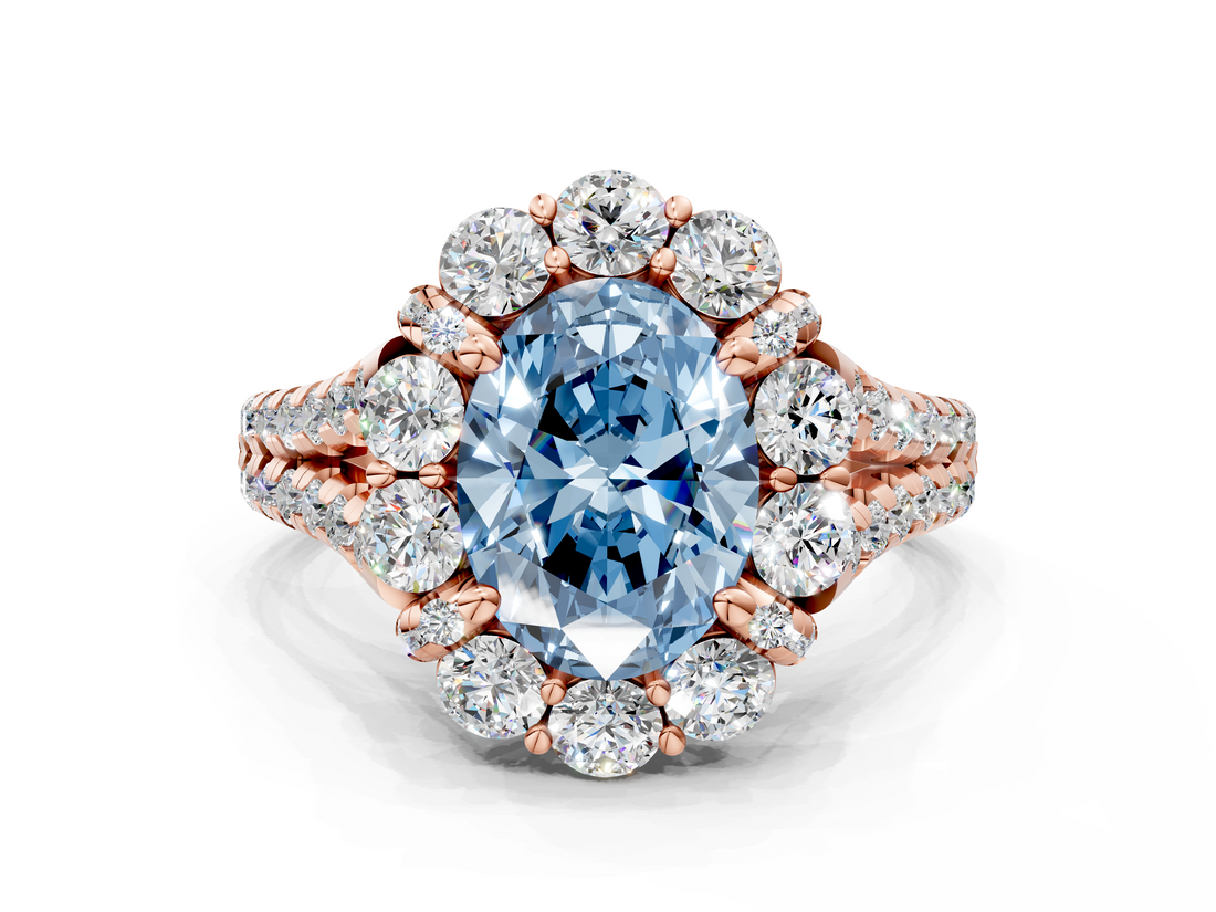 Rose gold Fancy Blue Oval  Halo Split Shank Diamond Engagement Ring with Pave Band and Four-Prong Setting_53