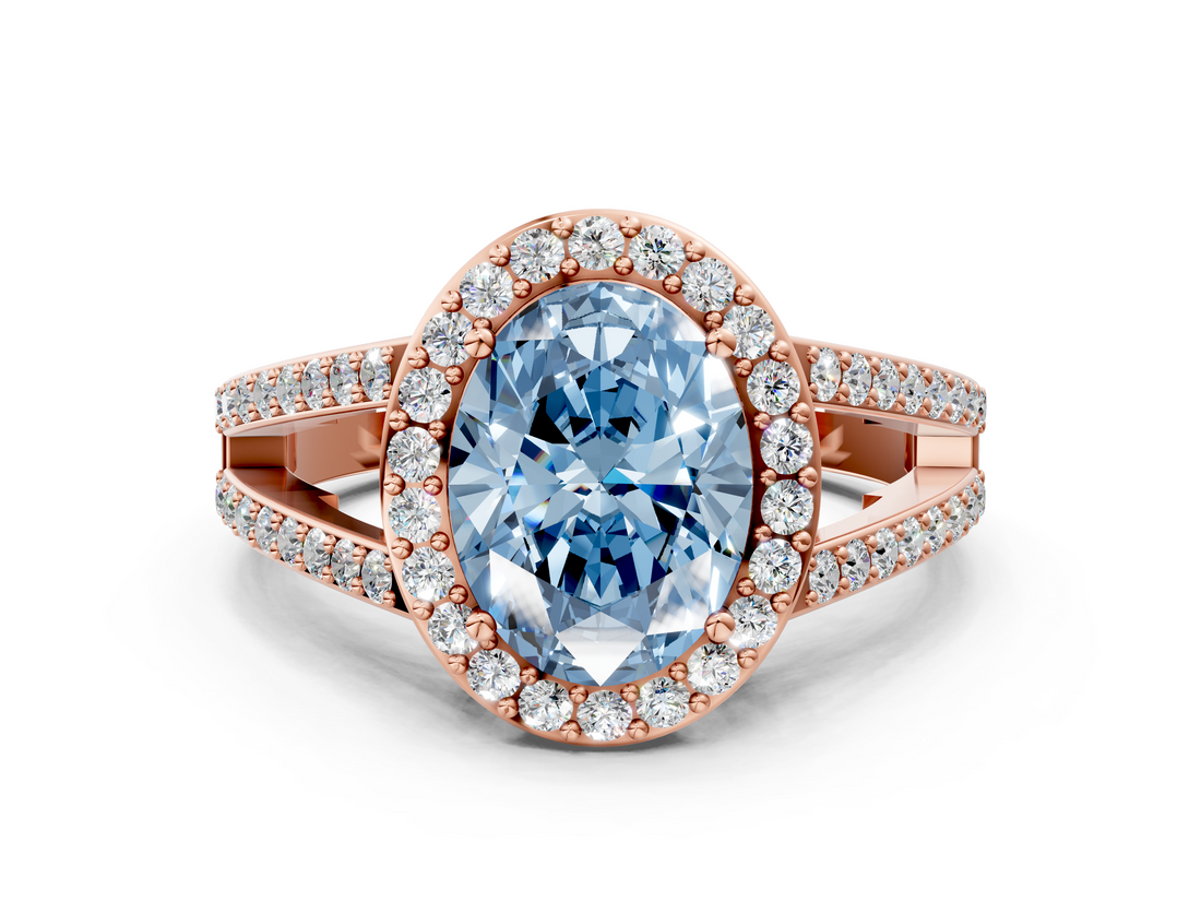 Rose gold Fancy Blue Oval  Halo Split Shank Diamond Ring with Four-Prong Setting_32