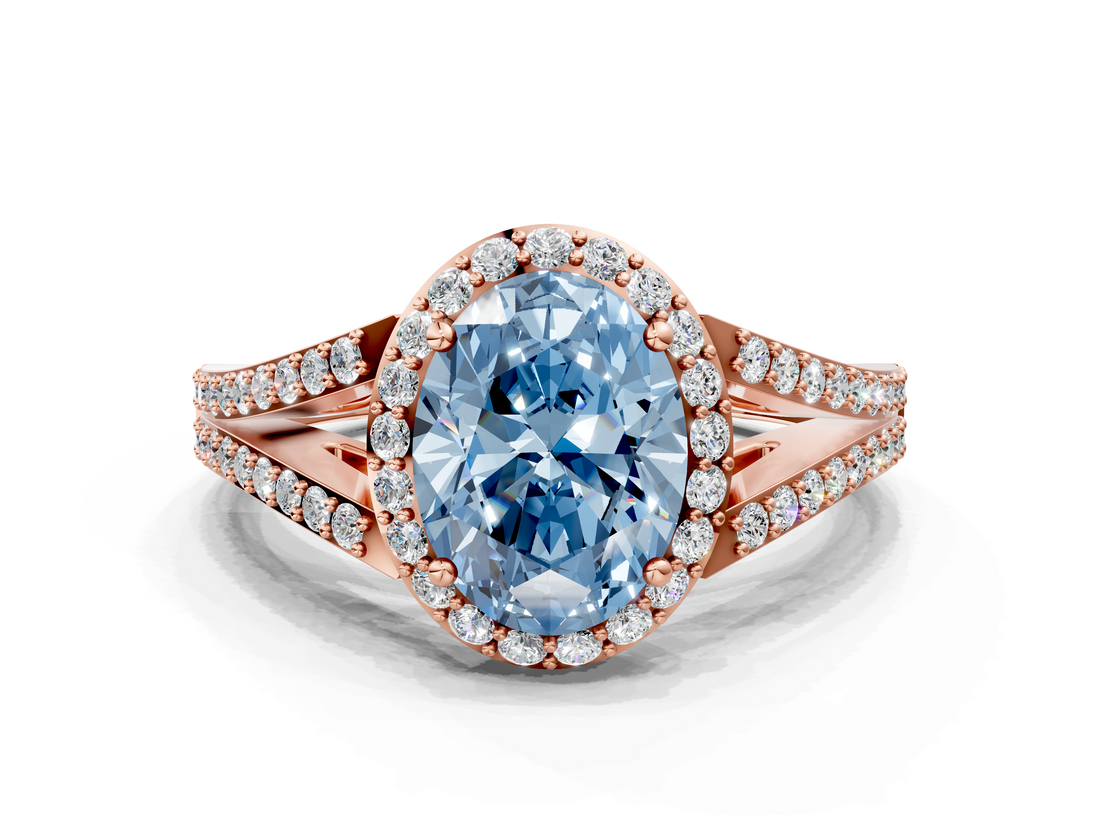 Rose gold Fancy Blue Oval  Halo Split Shank Diamond Ring with Prong Setting_20