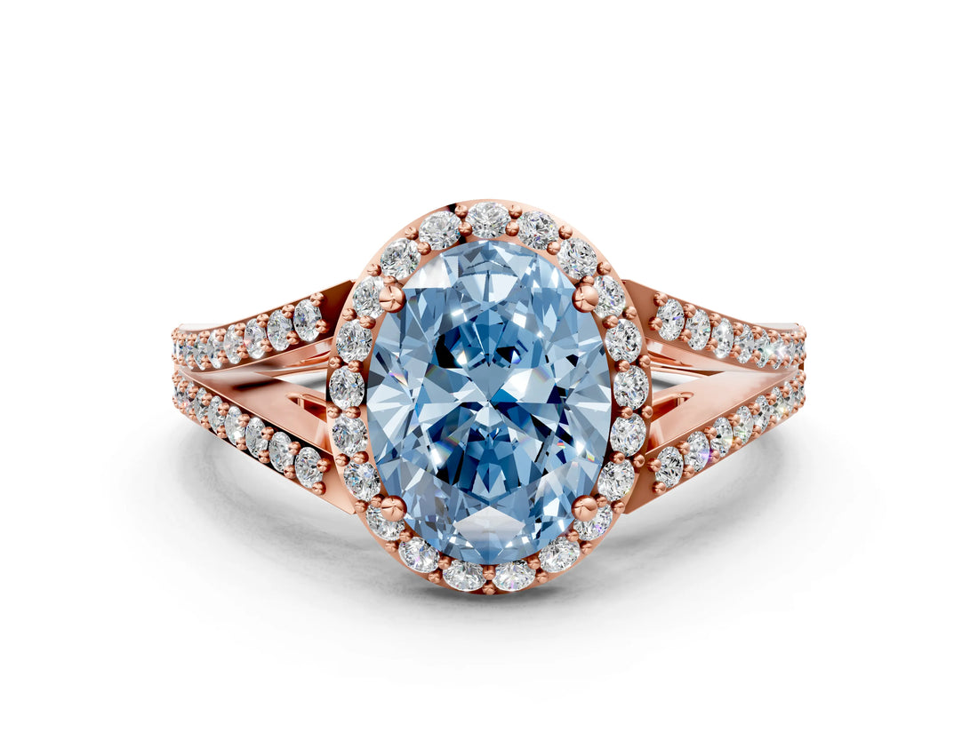 Rose gold Fancy Blue Oval  Halo Split Shank Pave Diamond Ring with Four-Prong Setting_49
