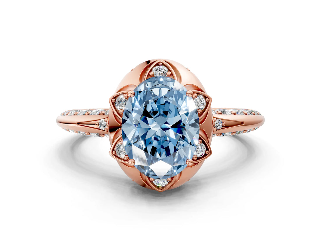 Rose gold Fancy Blue Oval  Halo Split Shank Pave Diamond Ring with Petal Prong Setting_21