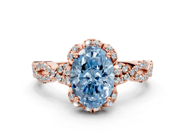 Rose gold Fancy Blue Oval  Halo Twist Band Solitaire Ring with Six-Prong Setting
