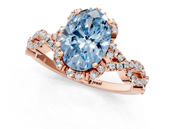 Rose gold Fancy Blue Oval  Halo Twist Band Solitaire Ring with Six-Prong Setting