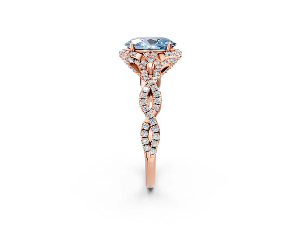 Rose gold Fancy Blue Oval  Halo Twist Band Solitaire Ring with Six-Prong Setting