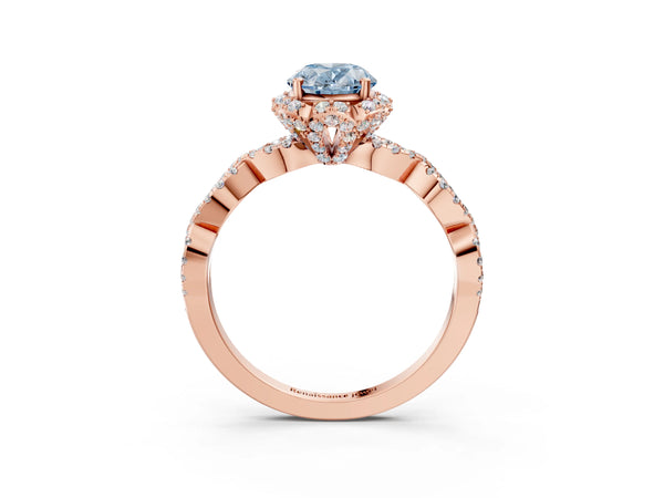 Rose gold Fancy Blue Oval  Halo Twist Band Solitaire Ring with Six-Prong Setting