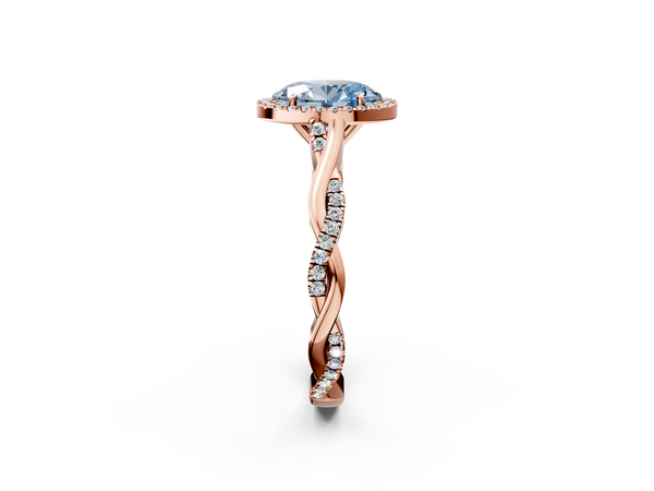 Rose gold Fancy Blue Oval  Halo Twist Band Solitaire Ring