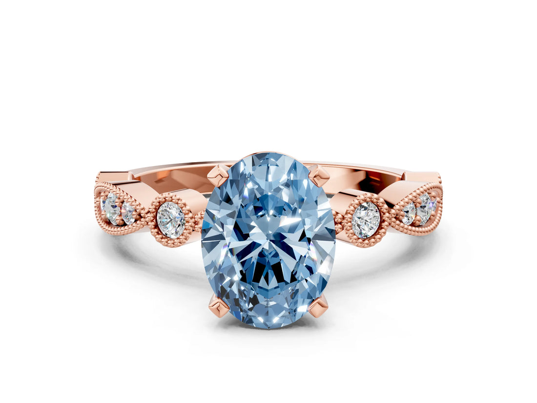 Rose gold Fancy Blue Oval  Milgrain Bezel Diamond Engagement Ring with Solitaire Prong Setting_143