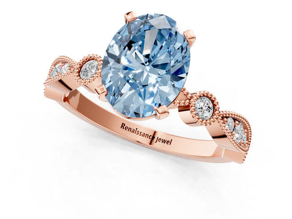 Rose Gold Oval Solitaire Engagement Ring Setting for Fancy Blue Center with Milgrain Bezel Accents