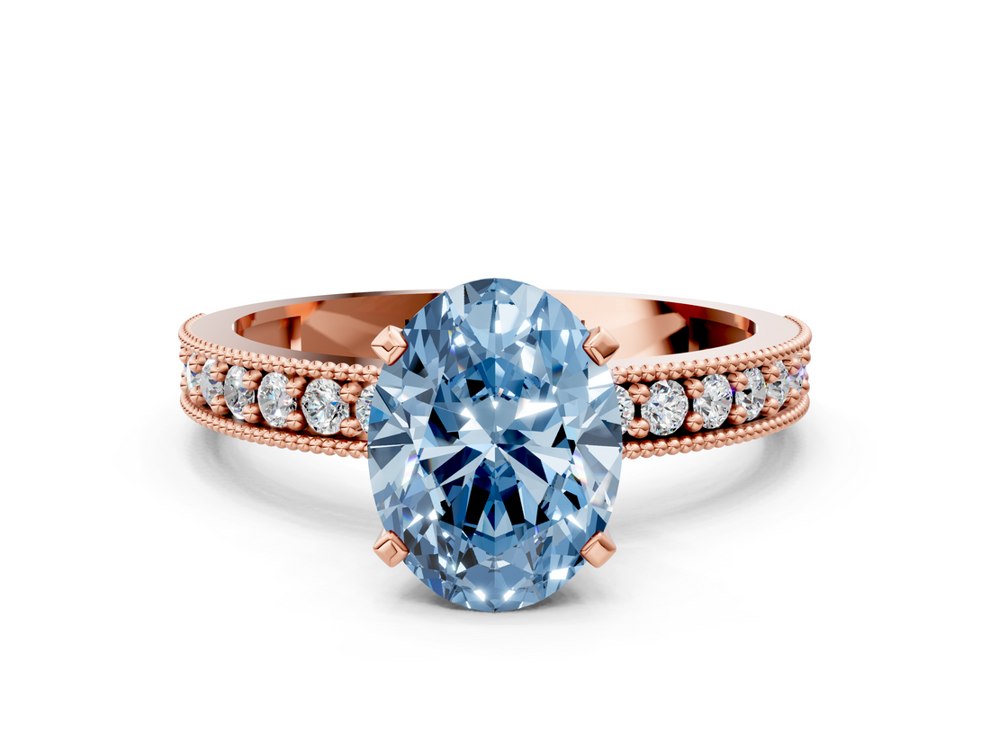 Rose gold Fancy Blue Oval  Milgrain Pave Diamond Engagement Ring with Four-Prong Setting_173