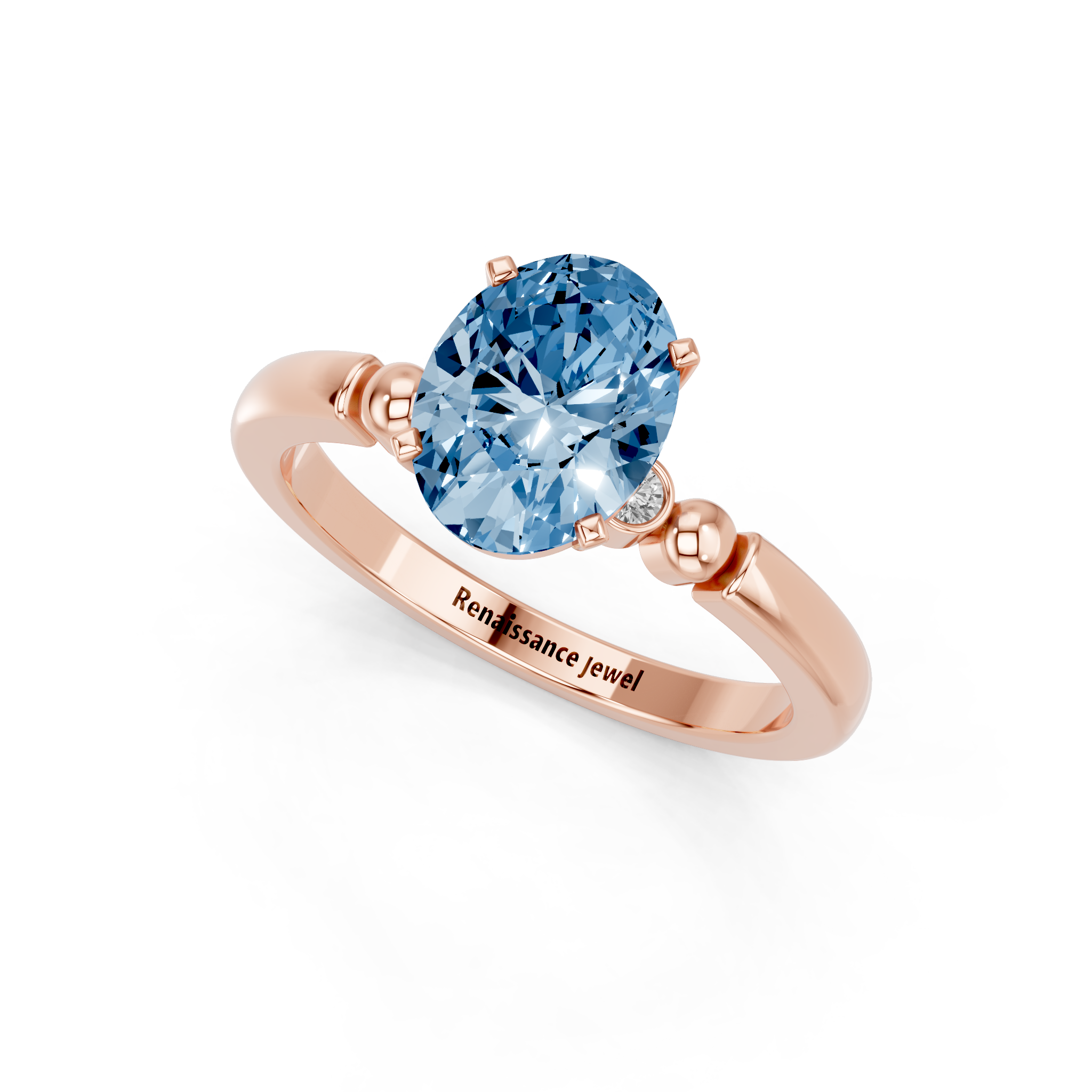 Rose gold Fancy Blue Oval  Solitaire Beaded Band with Four-Prong Setting_3