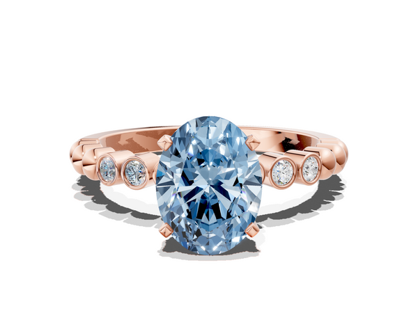 Rose gold Fancy Blue Oval  Solitaire Bezel Accent Diamond Engagement Ring with Beaded Band and Four-Prong Setting