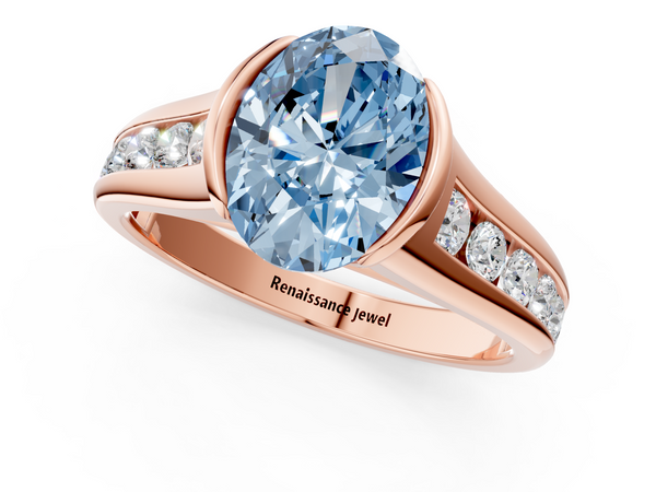 Rose gold Fancy Blue Oval  Solitaire Bezel-Set Diamond Ring with Channel-Set Band