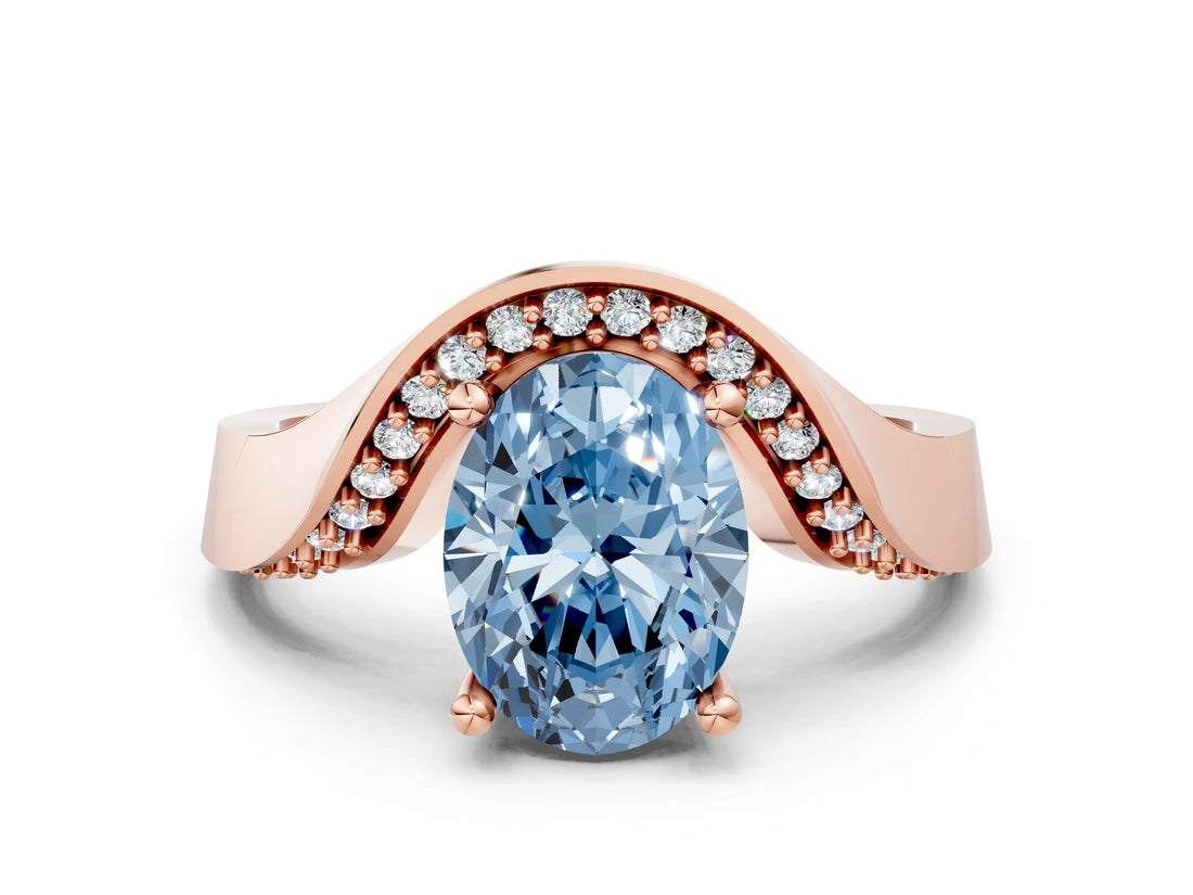 Rose gold Fancy Blue Oval  Solitaire Diamond Engagement Ring with Pave Band and Four-Prong Setting 1