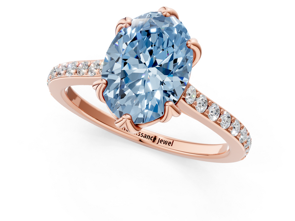 Rose gold Fancy Blue Oval  Solitaire Diamond Engagement Ring with Pave Band and Six-Prong Setting