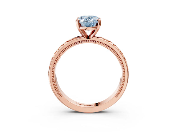 Rose gold Fancy Blue Oval  Solitaire Diamond Engagement Ring with XO Engraved Band and Four-Prong Setting