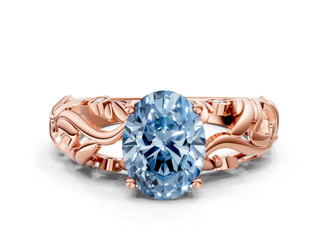 Rose gold Fancy Blue Oval  Solitaire Diamond Leaf Vine Band with Prong Setting_42