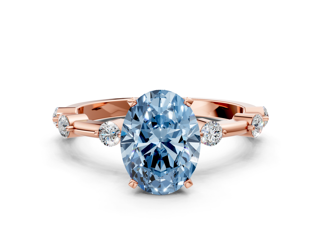 Rose gold Fancy Blue Oval  Solitaire Diamond Ring with Bezel Set Side Stones and Prong Setting_3