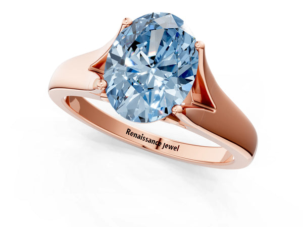 Rose gold Fancy Blue Oval  Solitaire Diamond Ring with Cathedral Band and Four-Prong Setting