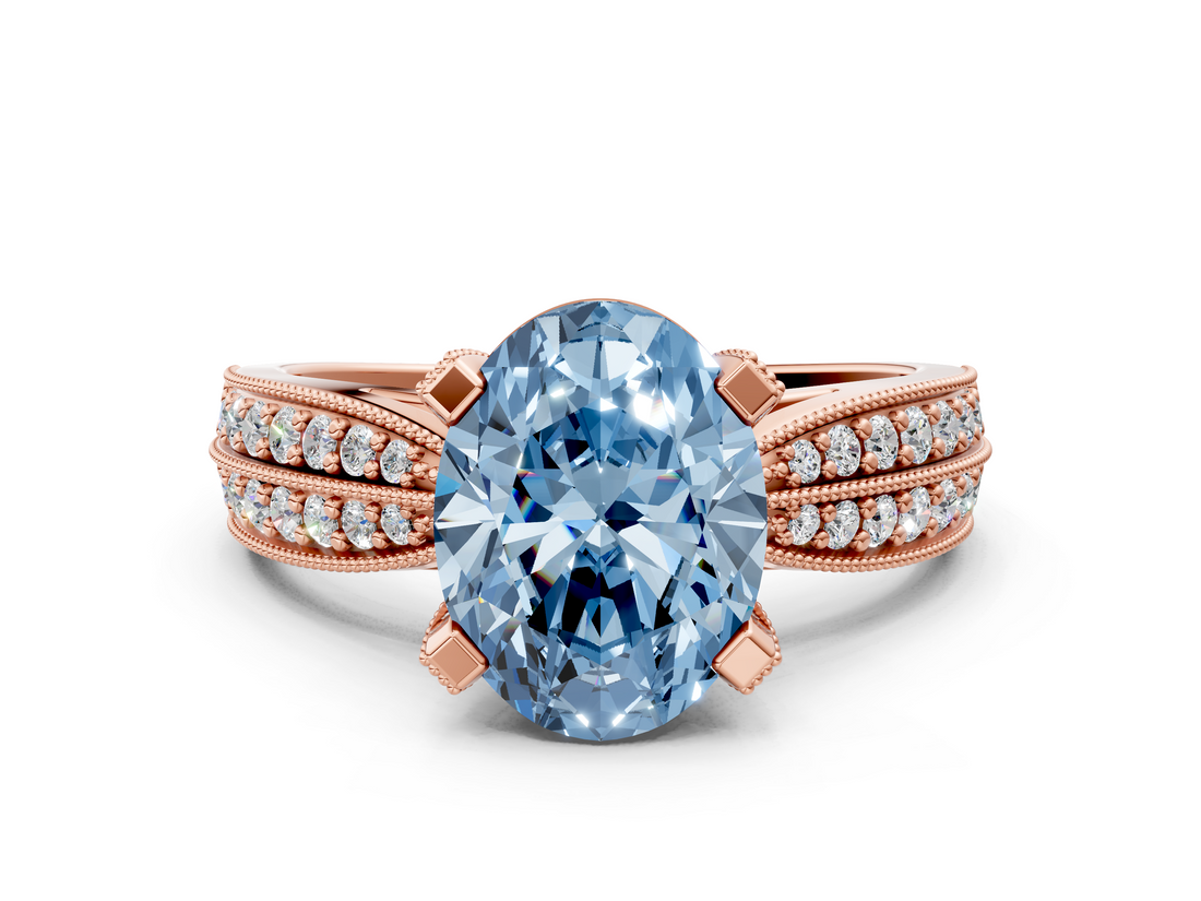 Rose gold Fancy Blue Oval  Solitaire Diamond Ring with Milgrain Pavé Band and Four-Prong Setting_37