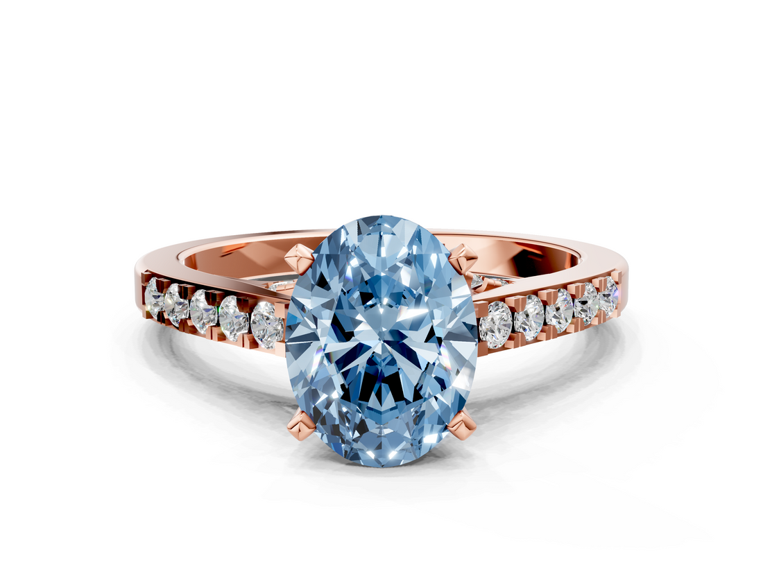 Rose gold Fancy Blue Oval  Solitaire Diamond Ring with Pavé Band and Four-Prong Setting_101