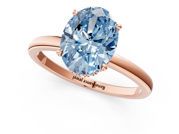 Rose gold Fancy Blue Oval  Solitaire Engagement Ring with Cathedral Band and Four-Prong Setting