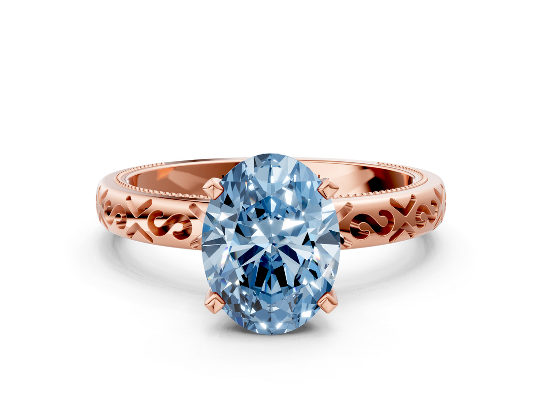 Rose gold Fancy Blue Oval  Solitaire Engagement Ring with Scrollwork Band and Four-Prong Setting_147