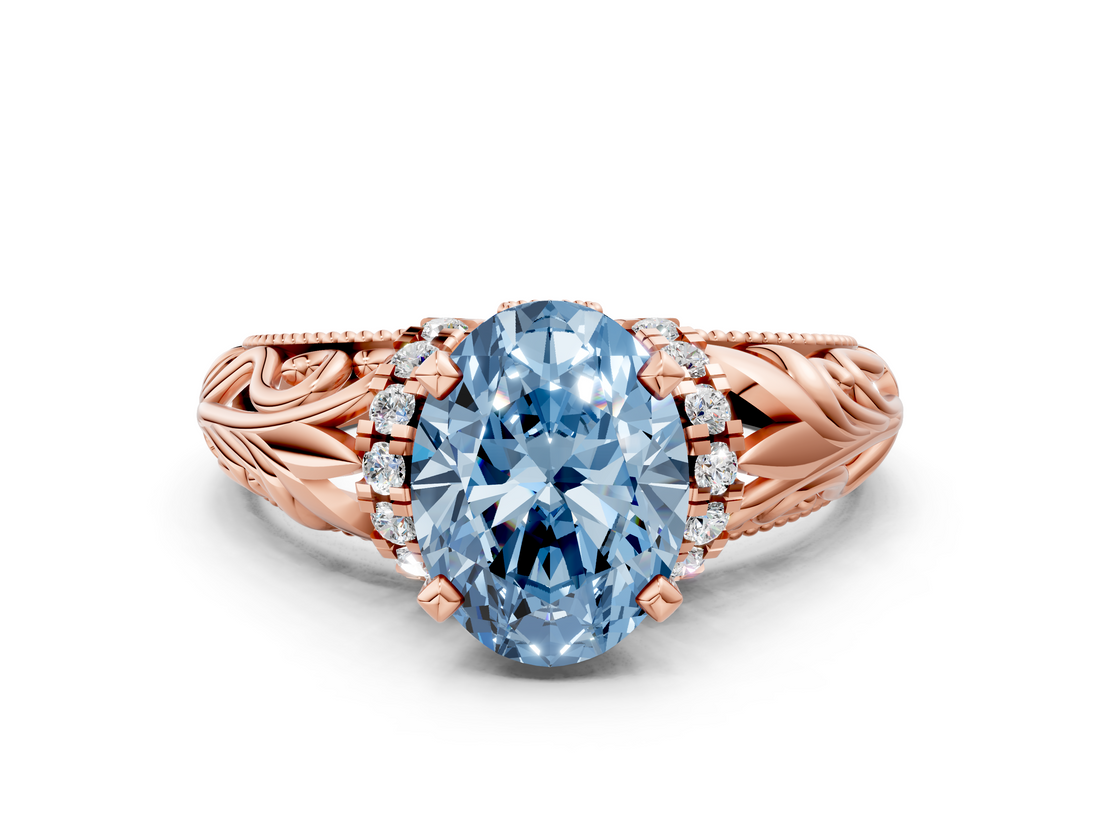 Rose gold Fancy Blue Oval  Solitaire Filigree Engagement Ring with Halo and Prong Setting_32