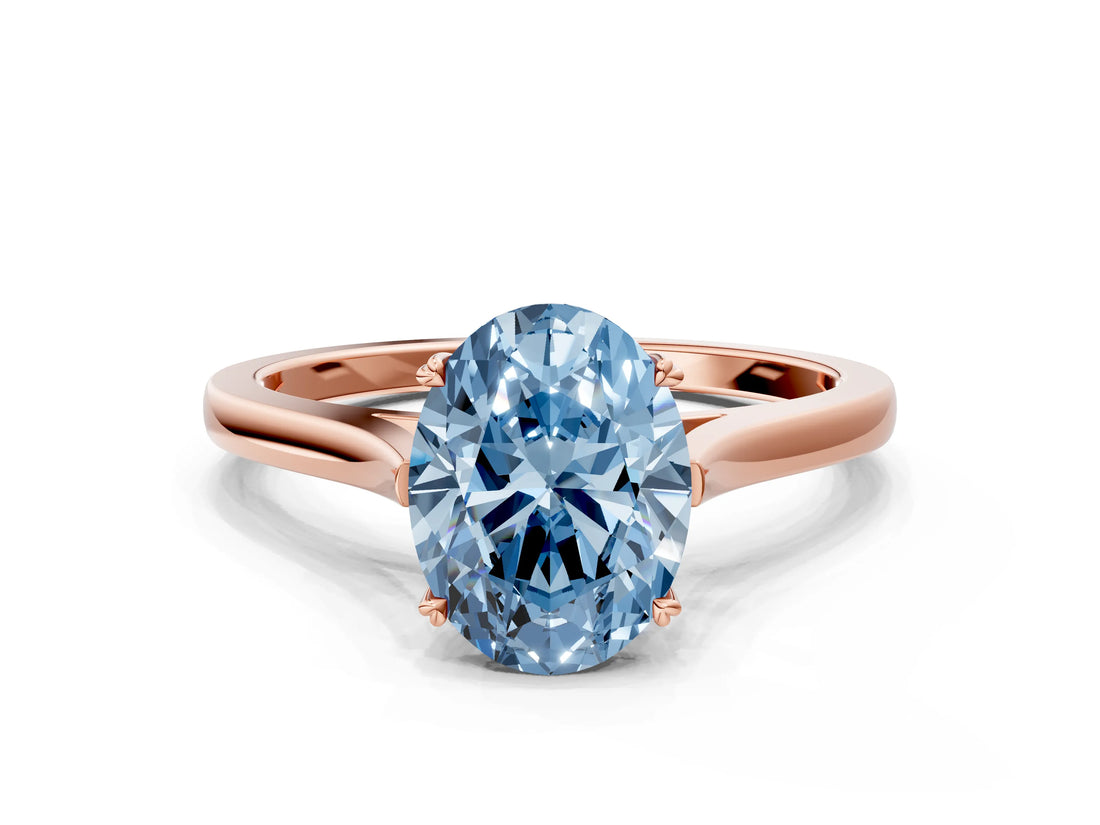 Rose gold Fancy Blue Oval  Solitaire Heart Prong Engagement Ring with Tapered Band_56