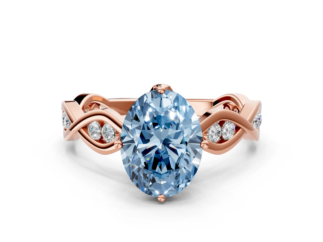 Rose gold Fancy Blue Oval  Solitaire Twist Band with Leaf Prong Setting 1
