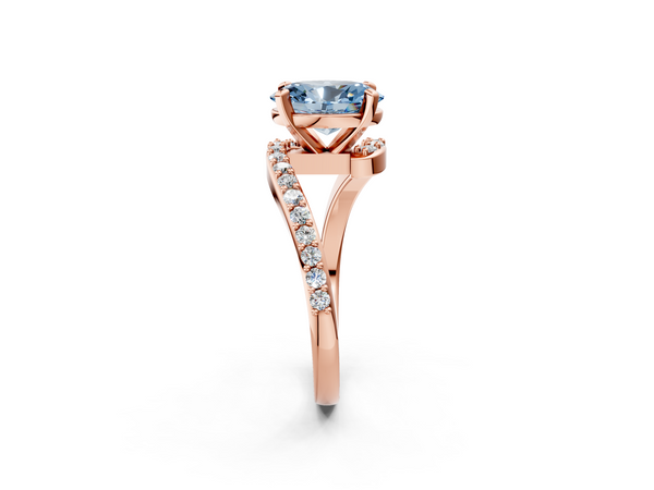 Rose gold Fancy Blue Oval  Solitaire Twist Band with Pave Set Diamonds and Four-Prong Setting