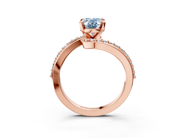 Rose gold Fancy Blue Oval  Solitaire Twist Band with Pave Set Diamonds and Four-Prong Setting