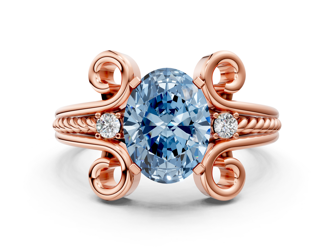 Rose gold Fancy Blue Oval  Solitaire Twisted Band Scroll Prong Ring_3