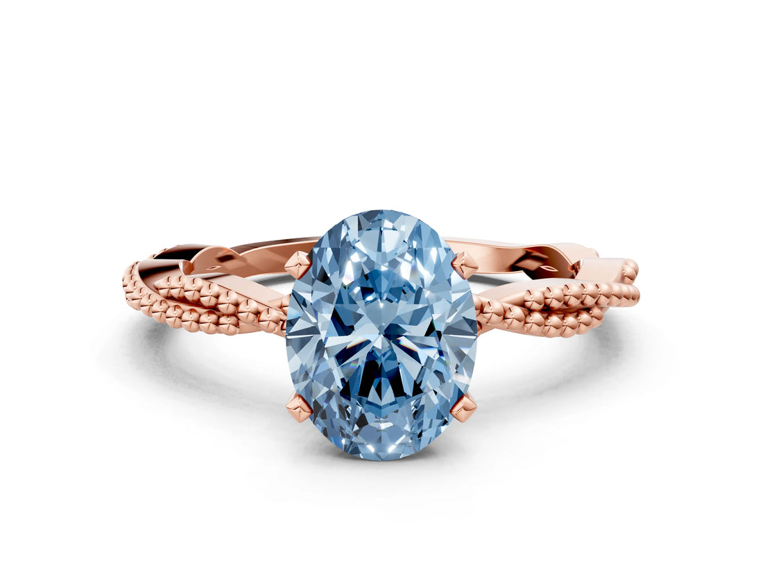 Rose gold Fancy Blue Oval  Solitaire Twisted Band with Bead Prong Setting_375