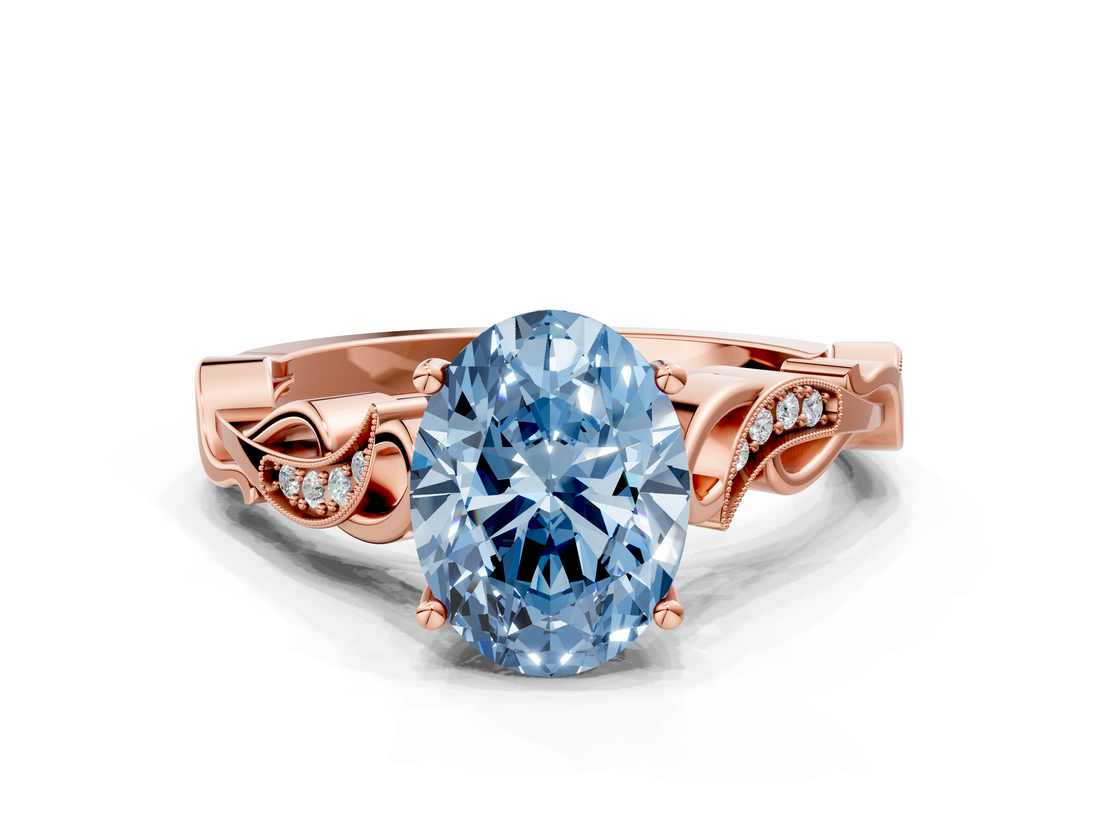 Rose gold Fancy Blue Oval  Solitaire Vine Band with Milgrain Prong Setting_3
