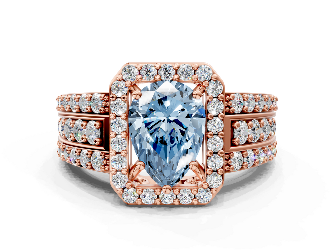 Rose gold Fancy Blue Pear -Cut Halo Diamond Ring with Split Shank and Four-Prong Setting_102