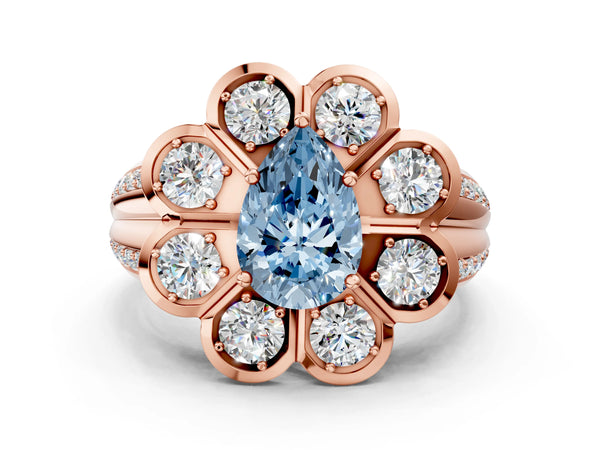 Rose gold Fancy Blue Pear  Brilliant Flower Halo Diamond Split Shank Ring