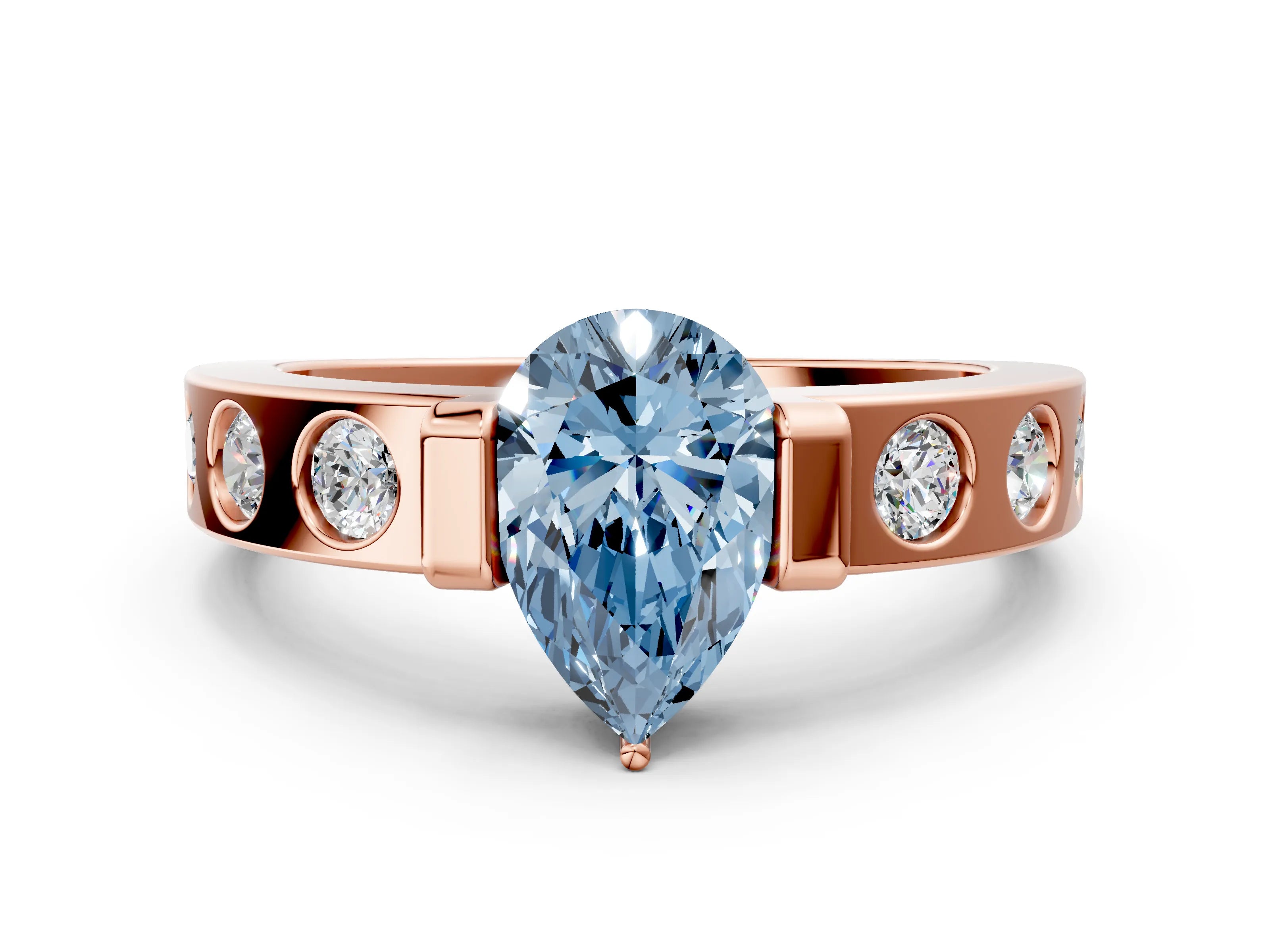 Rose gold Fancy Blue Pear Cut Brilliant Channel-Set Diamond Ring with Bezel Prong Setting