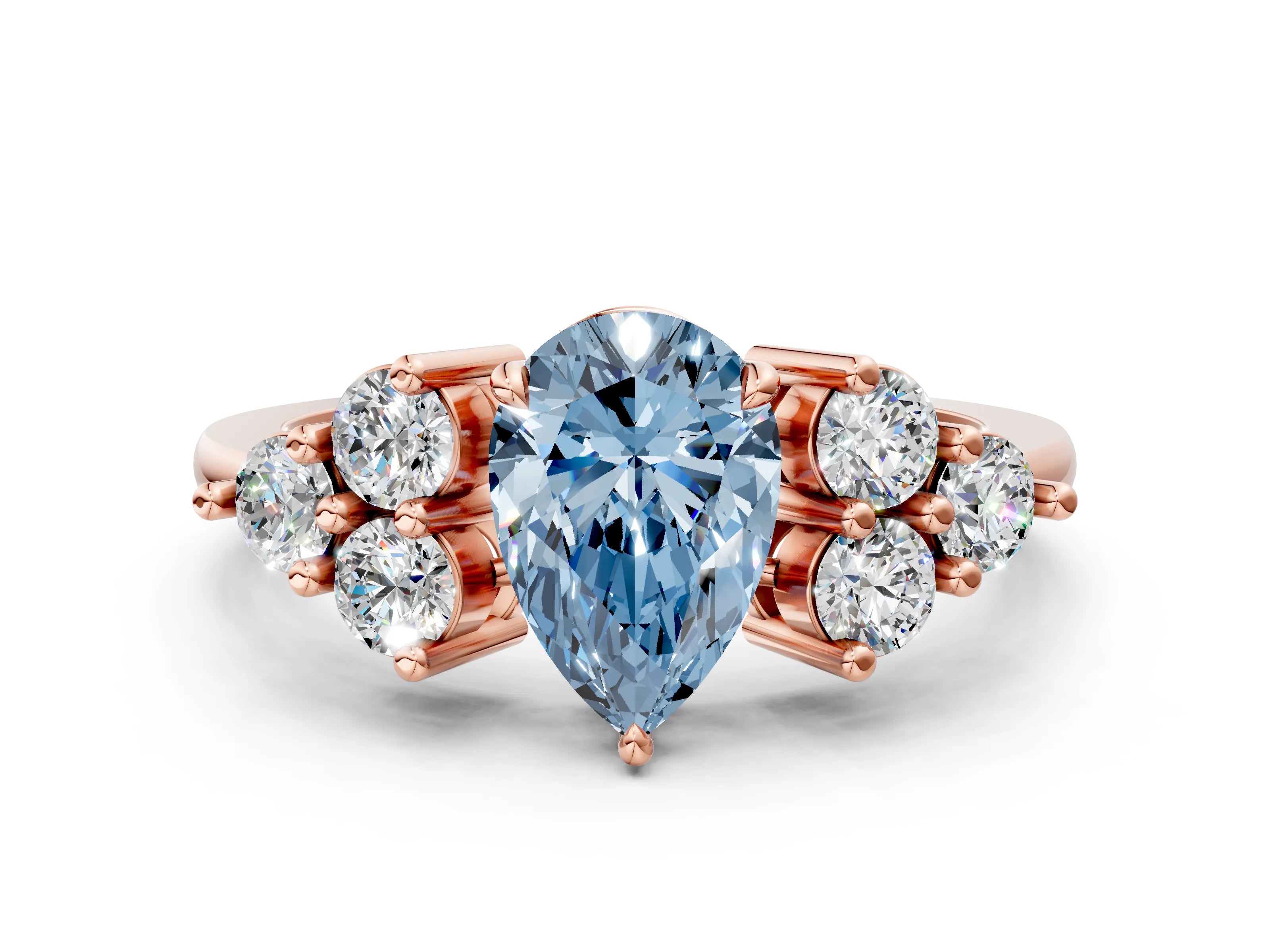 Rose gold Fancy Blue Pear Cut Brilliant Diamond Cluster Accent Solitaire Ring with Prong Setting