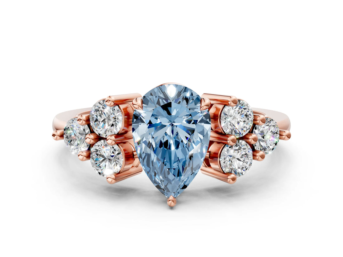 Rose gold Fancy Blue Pear Cut Brilliant Diamond Cluster Accent Solitaire Ring with Prong Setting