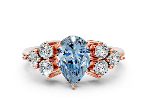 Rose gold Fancy Blue Pear Cut Brilliant Diamond Cluster Accent Solitaire Ring with Prong Setting