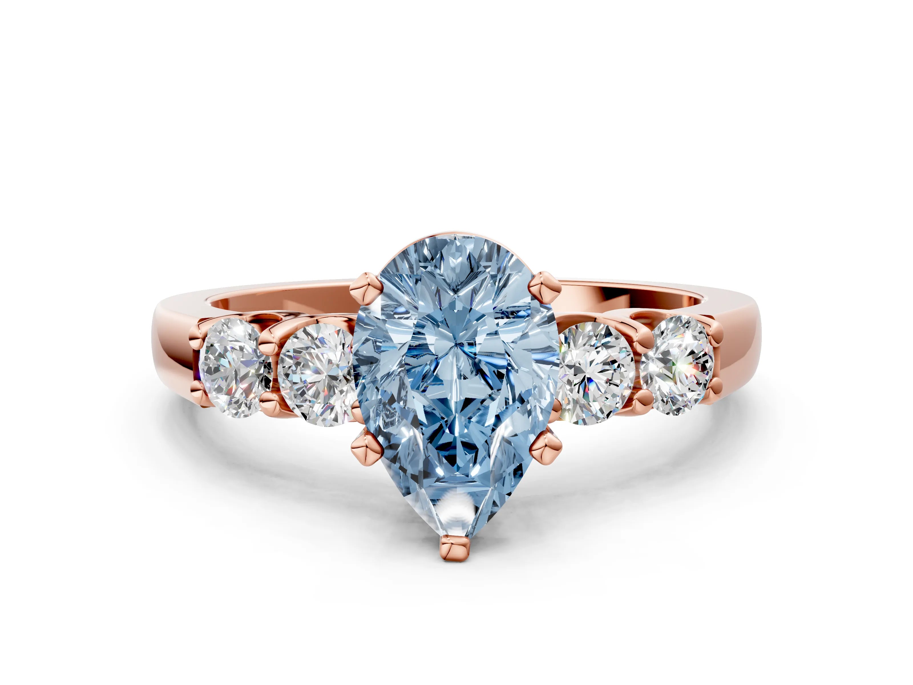 Rose gold Fancy Blue Pear Cut Brilliant Diamond Five-Stone Engagement Ring with Prong Setting on a Classic Band_3