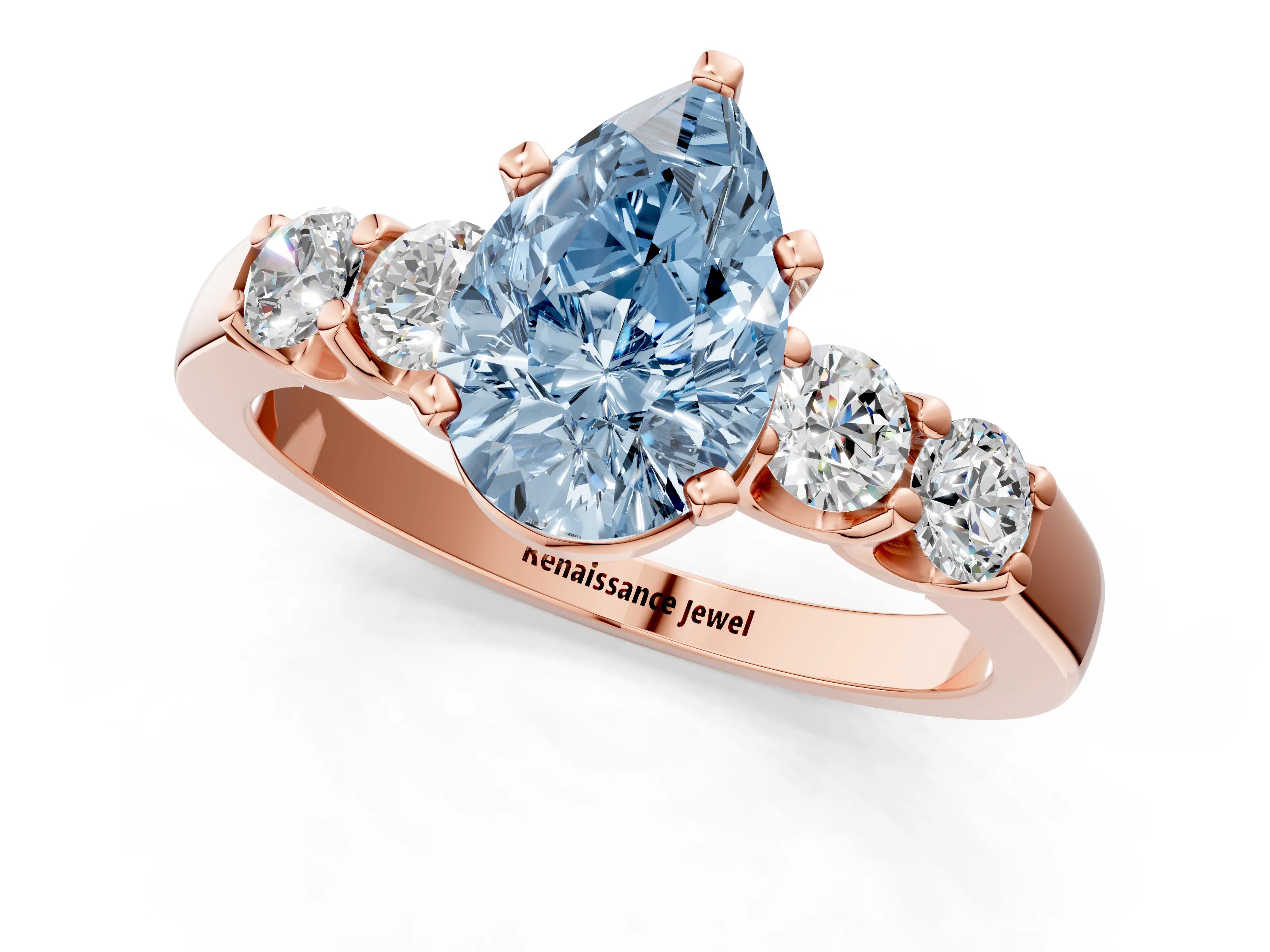 Rose gold Fancy Blue Pear Cut Brilliant Diamond Five-Stone Engagement Ring with Prong Setting on a Classic Band_4
