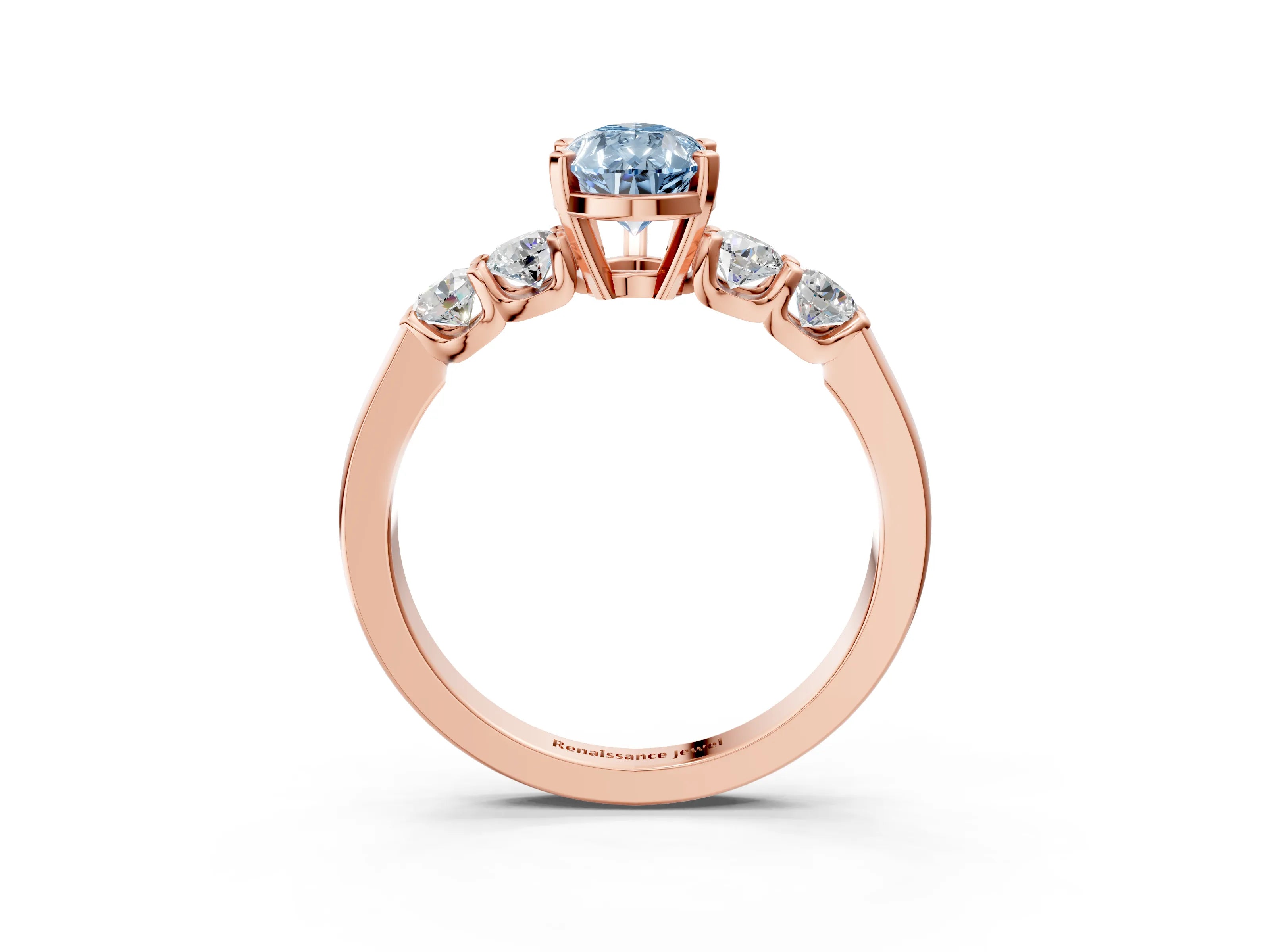 Rose gold Fancy Blue Pear Cut Brilliant Diamond Five-Stone Engagement Ring with Prong Setting on a Classic Band_6